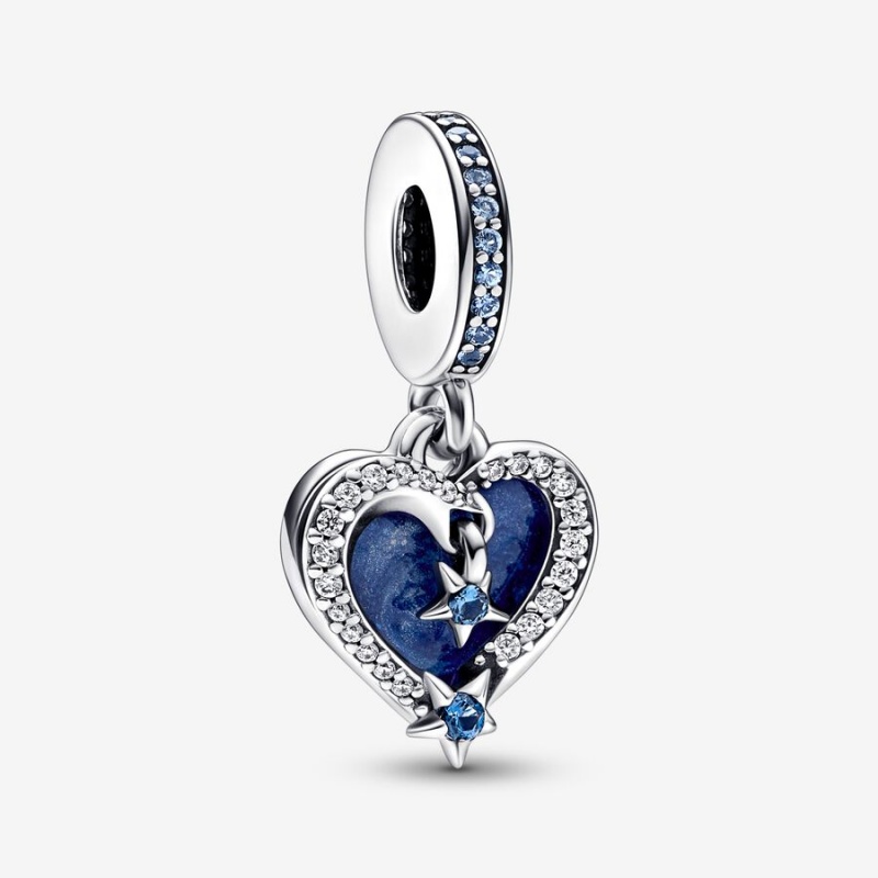 Sterling Silver Pandora Celestial Shooting Star Heart Double Dangle Dangle Charms | TEDN10496