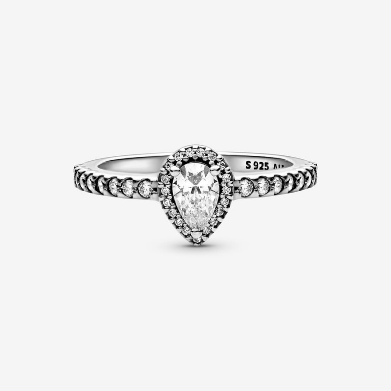 Sterling Silver Pandora Classic Teardrop Halo Halo & Solitaire Rings | HACW76392