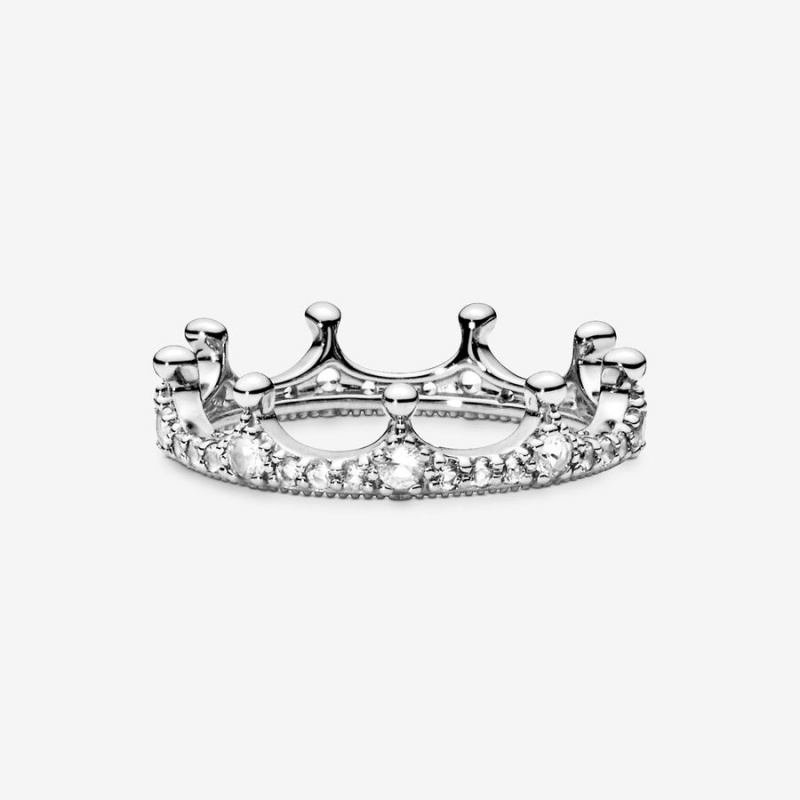 Sterling Silver Pandora Clear Sparkling Crown Pinky Rings | PHKN39641