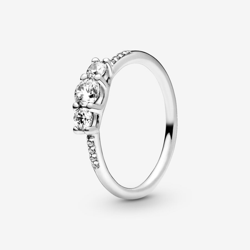 Sterling Silver Pandora Clear Three-Stone Heart & Promise Rings | KTCU49712