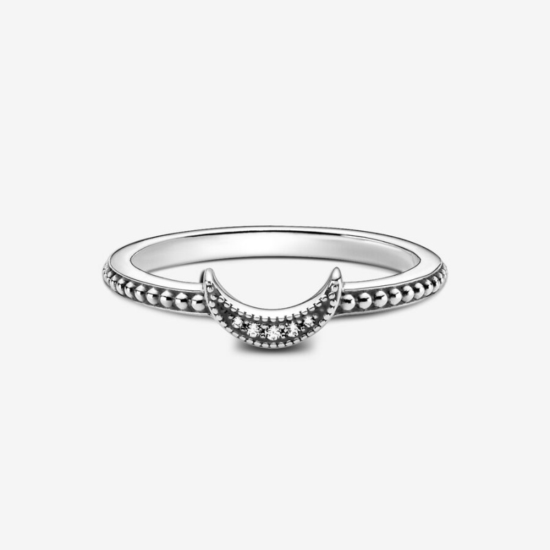 Sterling Silver Pandora Crescent Moon Beaded Statement Rings | HIAZ73256