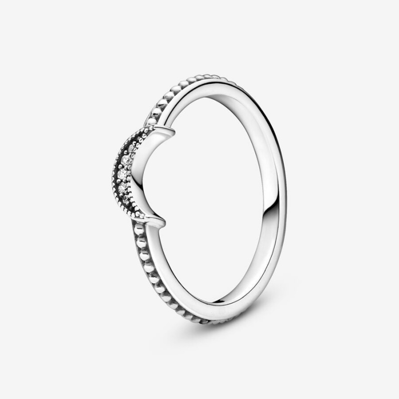 Sterling Silver Pandora Crescent Moon Beaded Statement Rings | HIAZ73256