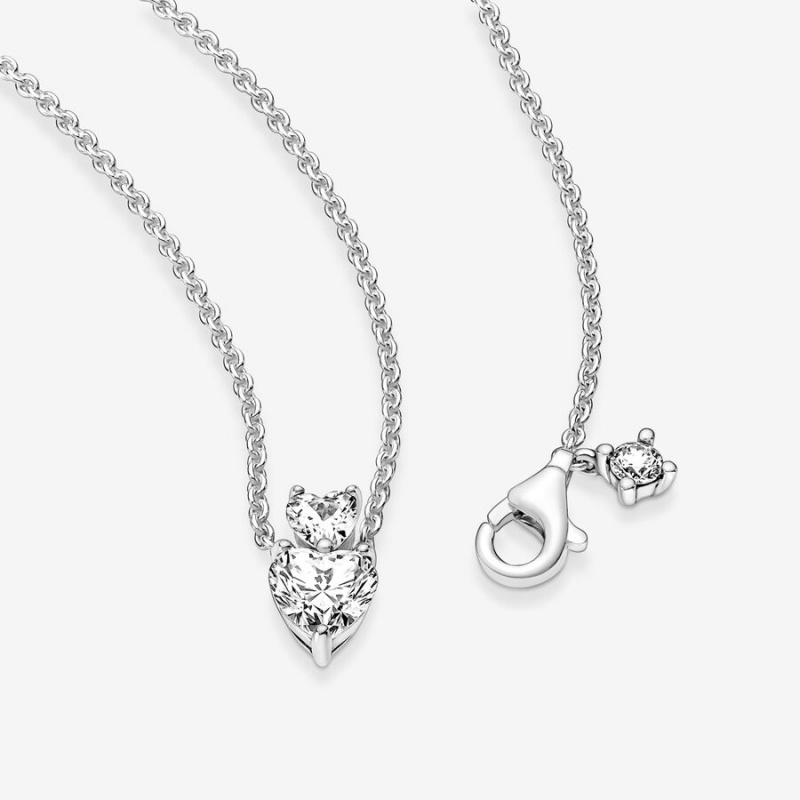 Sterling Silver Pandora Double Heart Sparkling Collier Pendant Necklaces | AREI39764