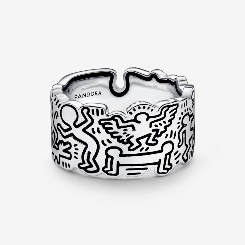 Sterling Silver Pandora Keith Haring™ x Line Art Love and People Wide Band Rings | PKDZ39576