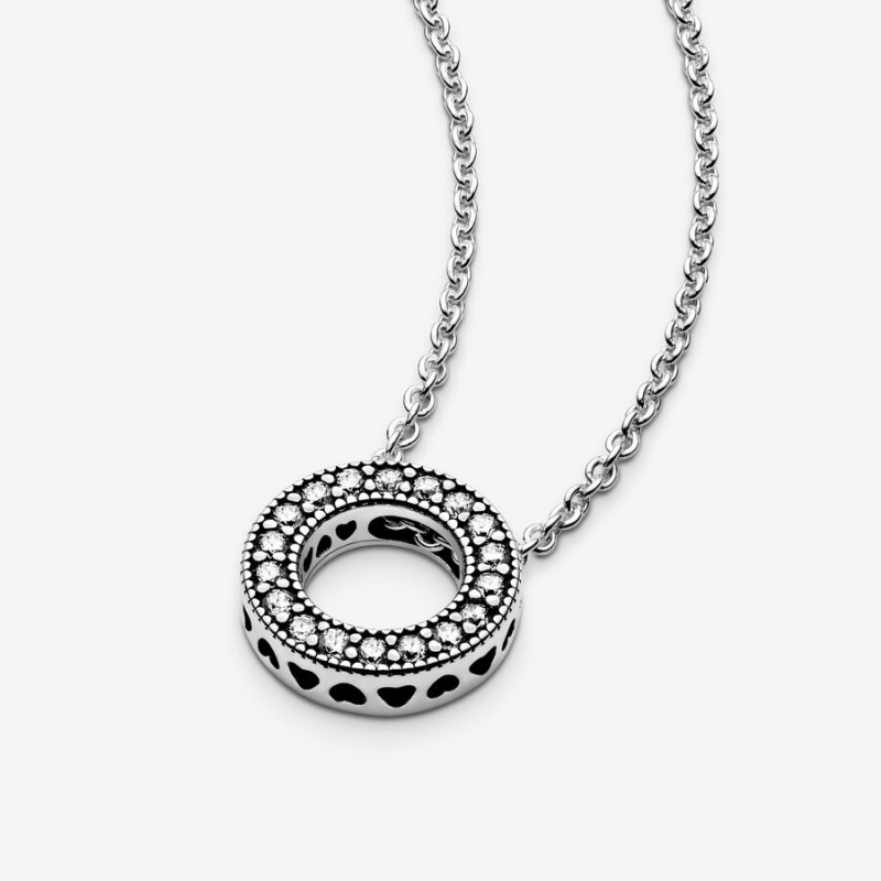 Sterling Silver Pandora Logo Pavé Circle Collier Chain Necklaces | XBVL05734