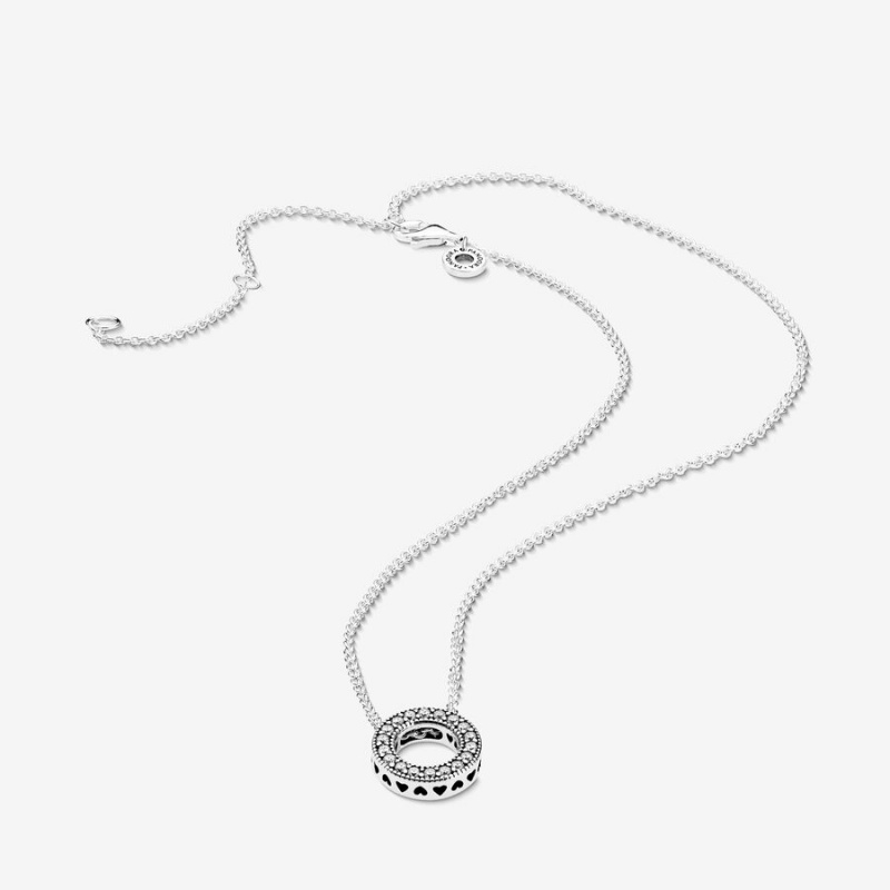 Sterling Silver Pandora Logo Pavé Circle Collier Chain Necklaces | XBVL05734