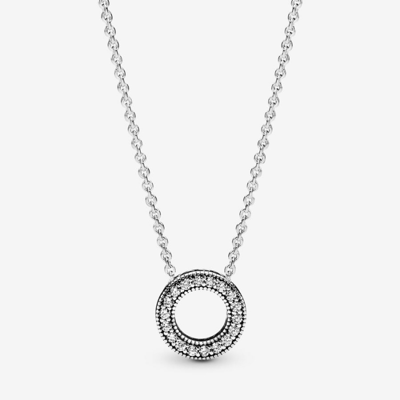 Sterling Silver Pandora Logo Pavé Circle Collier Chain Necklaces | XBVL05734