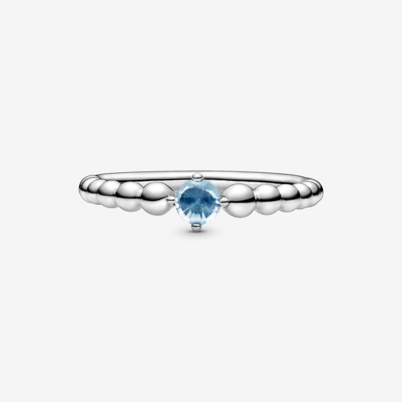 Sterling Silver Pandora March Aqua Blue Beaded Birthstone Rings | LGIH83269