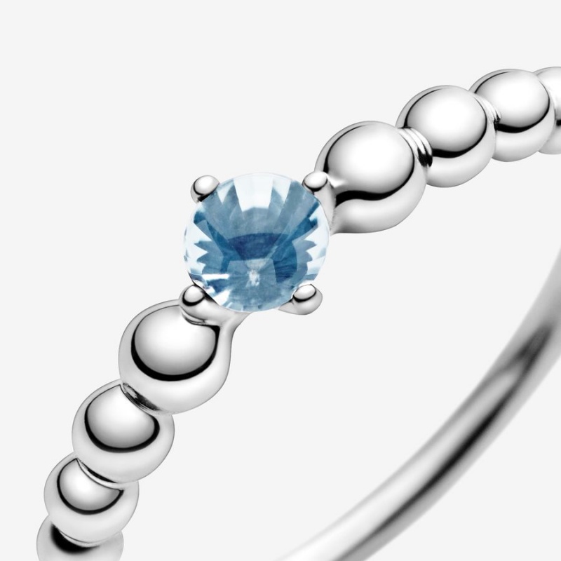 Sterling Silver Pandora March Aqua Blue Beaded Birthstone Rings | LGIH83269