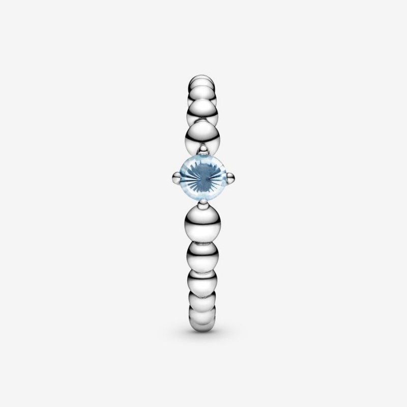 Sterling Silver Pandora March Aqua Blue Beaded Birthstone Rings | LGIH83269