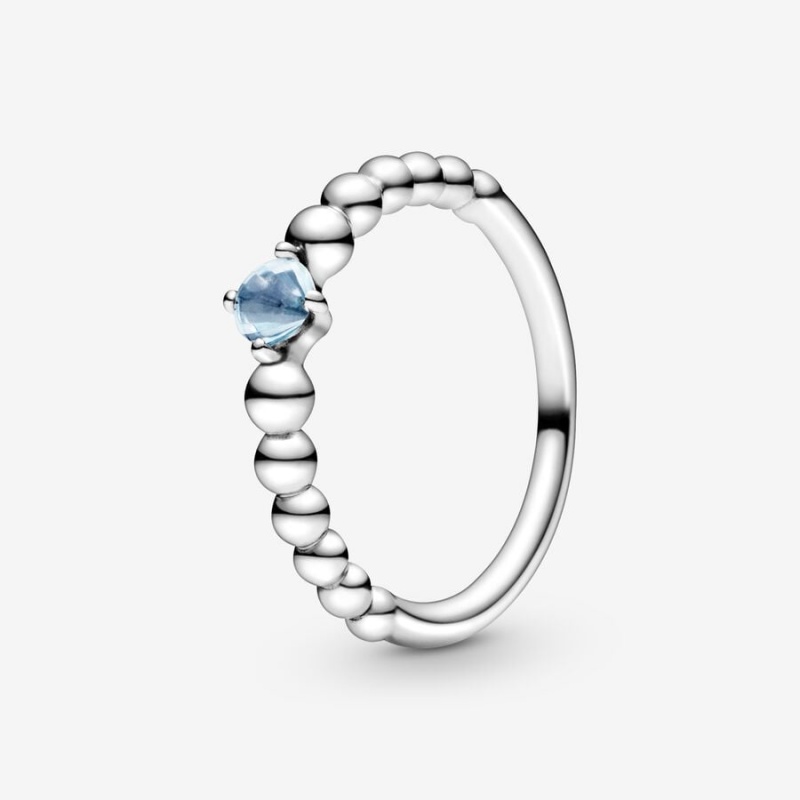 Sterling Silver Pandora March Aqua Blue Beaded Birthstone Rings | LGIH83269