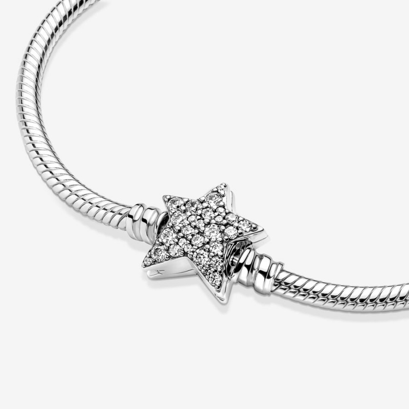 Sterling Silver Pandora Moments Asymmetric Star Clasp Snake Charm Bracelets | OQJY36482