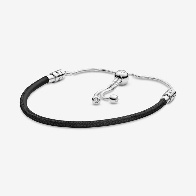 Sterling Silver Pandora Moments Black Leather Slider Leather Bracelets | FGKJ97631