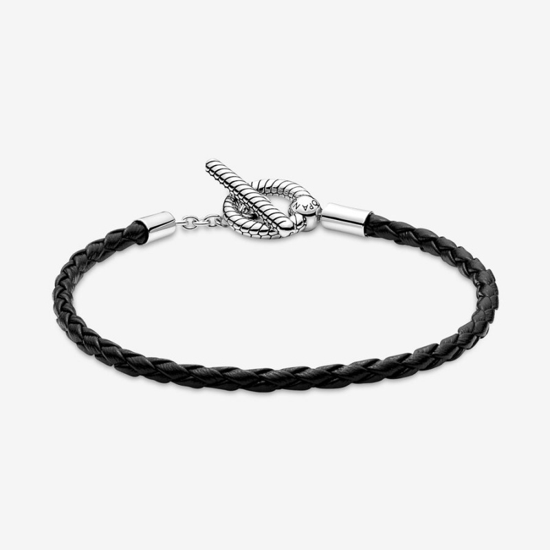 Sterling Silver Pandora Moments Braided Leather T-bar Charm Holders | BQIO32015