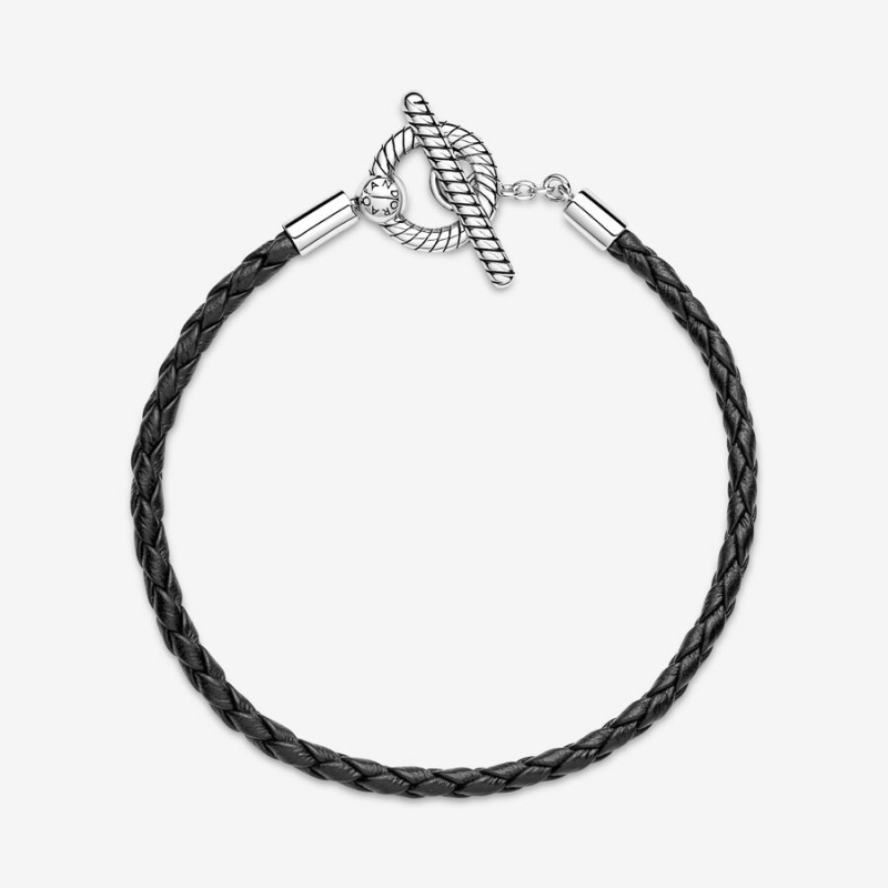 Sterling Silver Pandora Moments Braided Leather T-bar Charm Holders | BQIO32015