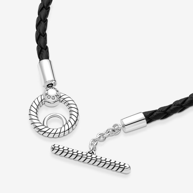 Sterling Silver Pandora Moments Braided Leather T-bar Charm Holders | BQIO32015