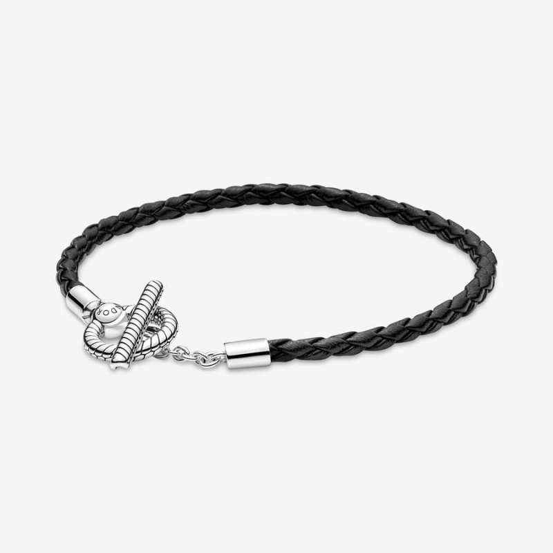 Sterling Silver Pandora Moments Braided Leather T-bar Charm Holders | BQIO32015