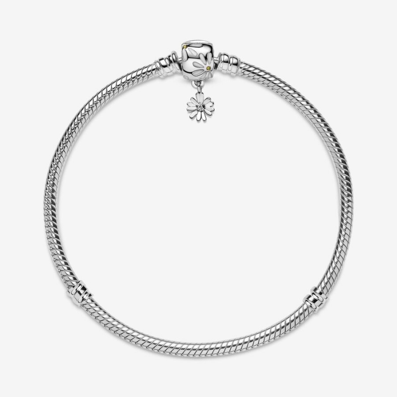 Sterling Silver Pandora Moments Daisy Flower Clasp Snake Charm Bracelets | UABK04183