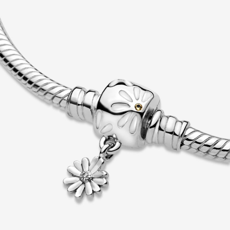 Sterling Silver Pandora Moments Daisy Flower Clasp Snake Charm Bracelets | UABK04183