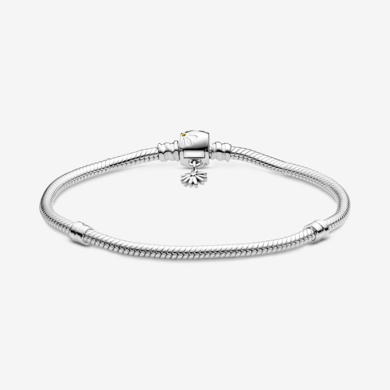 Sterling Silver Pandora Moments Daisy Flower Clasp Snake Charm Bracelets | UABK04183