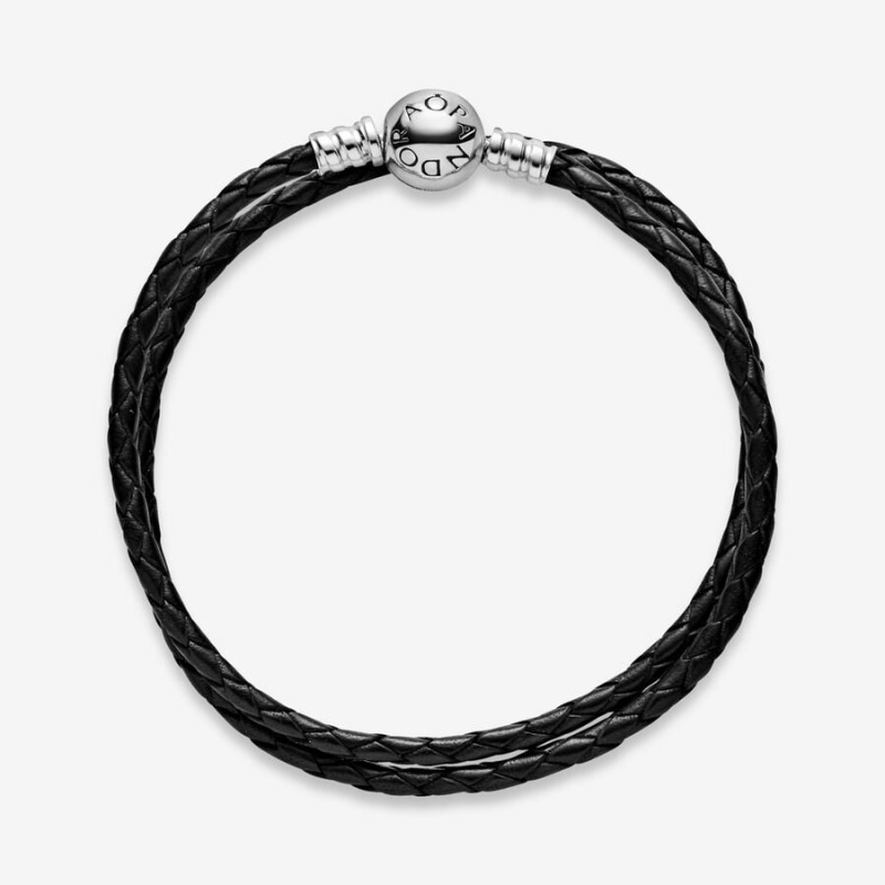 Sterling Silver Pandora Moments Double Black Leather Charm Bracelets | OYKF35169