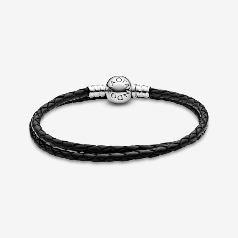 Sterling Silver Pandora Moments Double Black Leather Charm Bracelets | OYKF35169