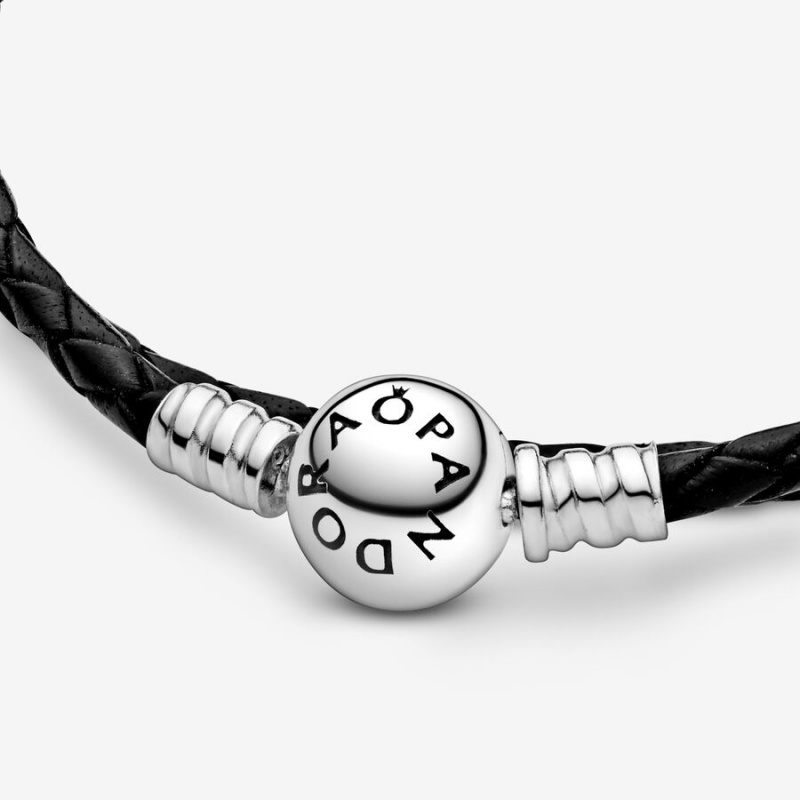 Sterling Silver Pandora Moments Double Black Leather Charm Bracelets | OYKF35169