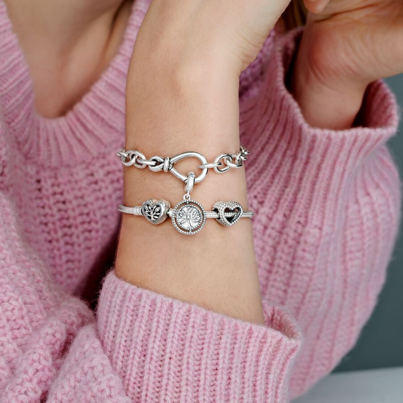 Sterling Silver Pandora Moments Family Tree Heart Clasp Snake Charm Bracelets | BFNW39106