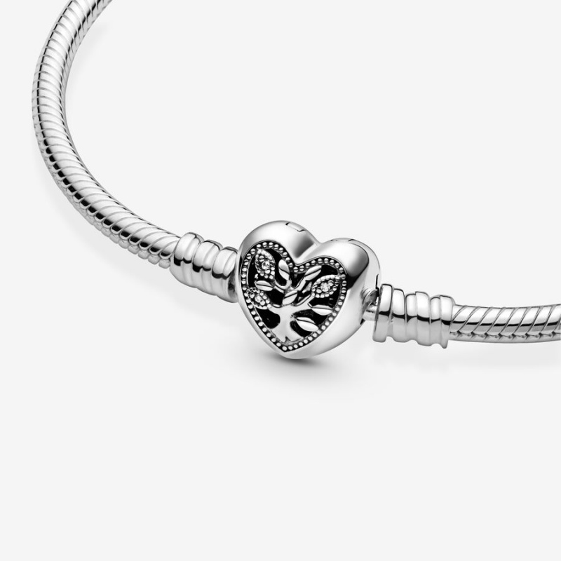 Sterling Silver Pandora Moments Family Tree Heart Clasp Snake Charm Bracelets | BFNW39106