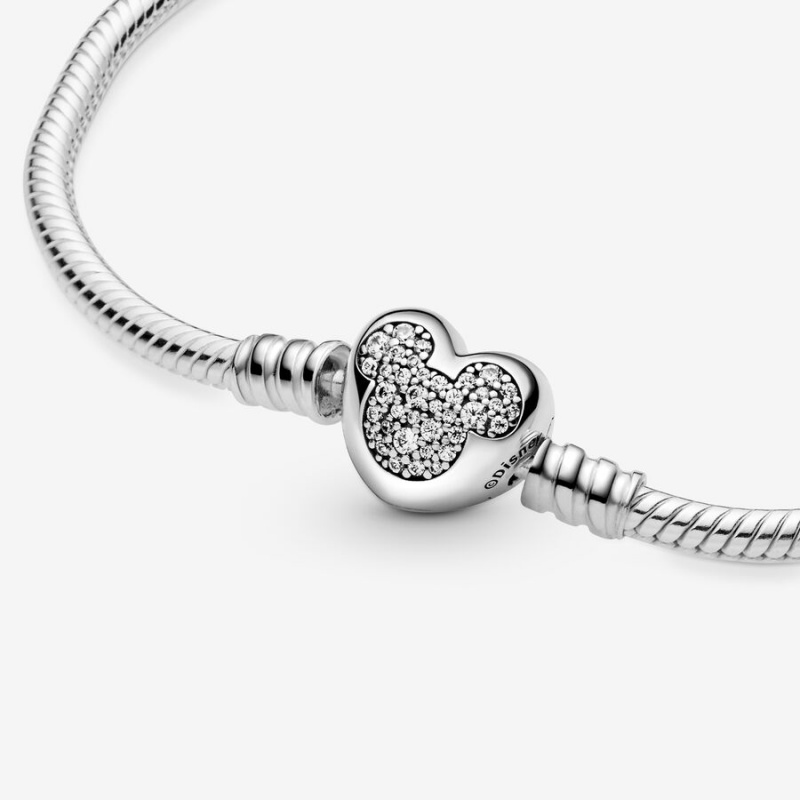 Sterling Silver Pandora Moments Mickey Mouse Heart Clasp Snake Charm Holders | YAXU70358