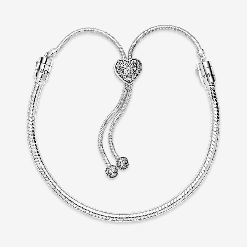 Sterling Silver Pandora Moments Pavé Heart Clasp Snake Slider Charm Holders | RQXE18645