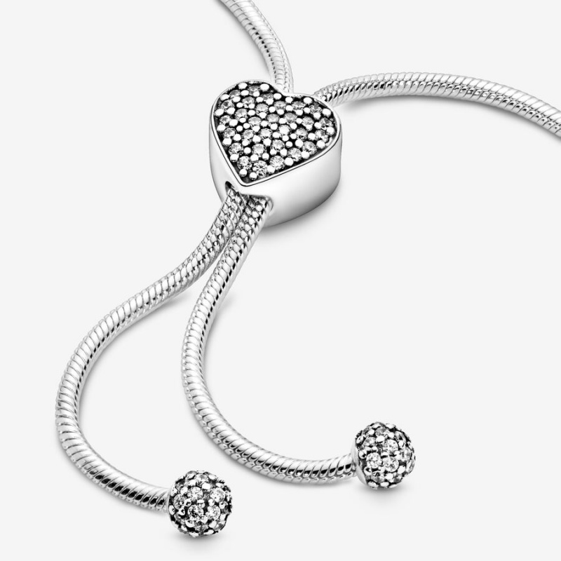 Sterling Silver Pandora Moments Pavé Heart Clasp Snake Slider Charm Holders | RQXE18645