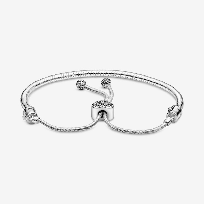 Sterling Silver Pandora Moments Pavé Heart Clasp Snake Slider Sliding Bracelets | JMEI45978