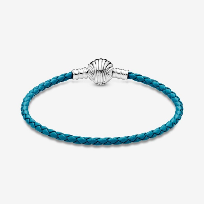 Sterling Silver Pandora Moments Seashell Clasp Turquoise Braided Leather Charm Holders | QPIH67394