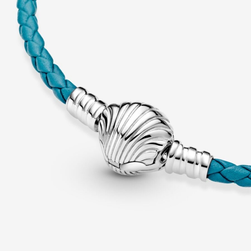 Sterling Silver Pandora Moments Seashell Clasp Turquoise Braided Leather Charm Holders | QPIH67394