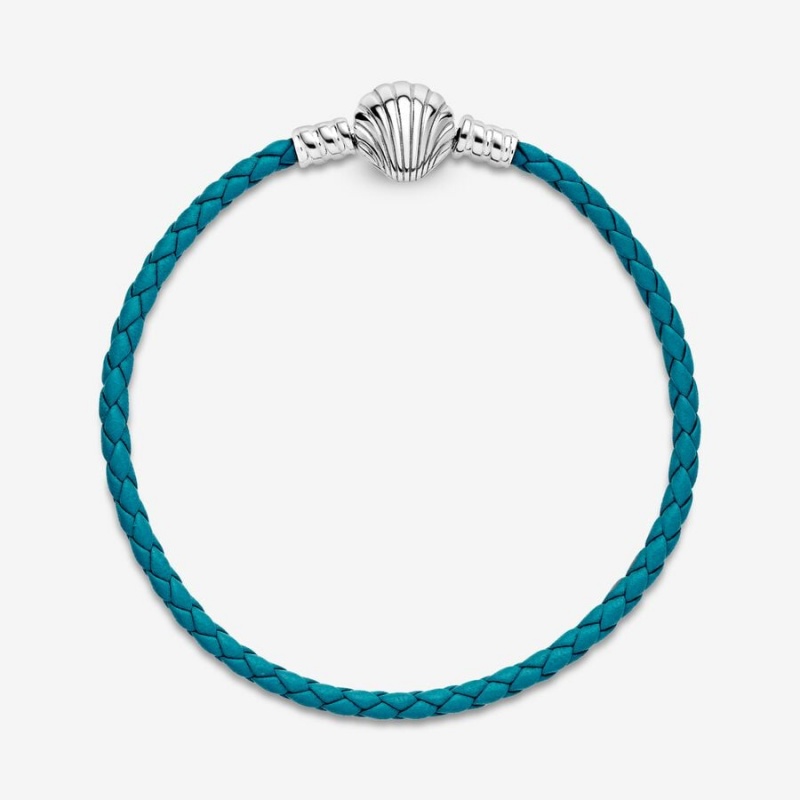 Sterling Silver Pandora Moments Seashell Clasp Turquoise Braided Leather Bracelets | QOHA90264