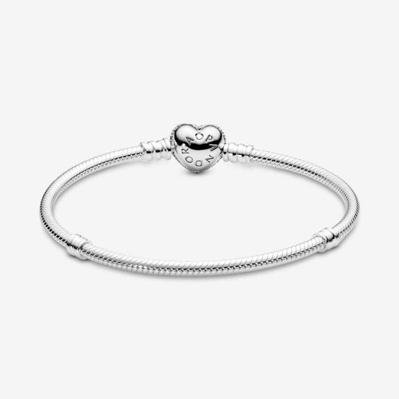 Sterling Silver Pandora Moments Sparkling Heart Clasp Snake Charm Bracelets | XURJ47638