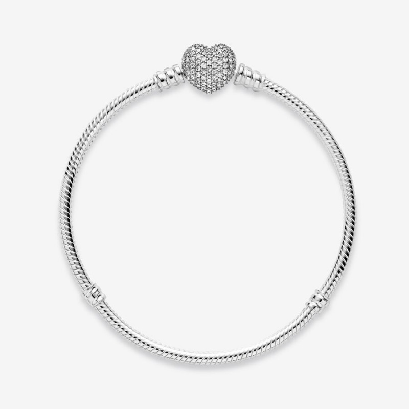 Sterling Silver Pandora Moments Sparkling Heart Clasp Snake Charm Bracelets | XURJ47638