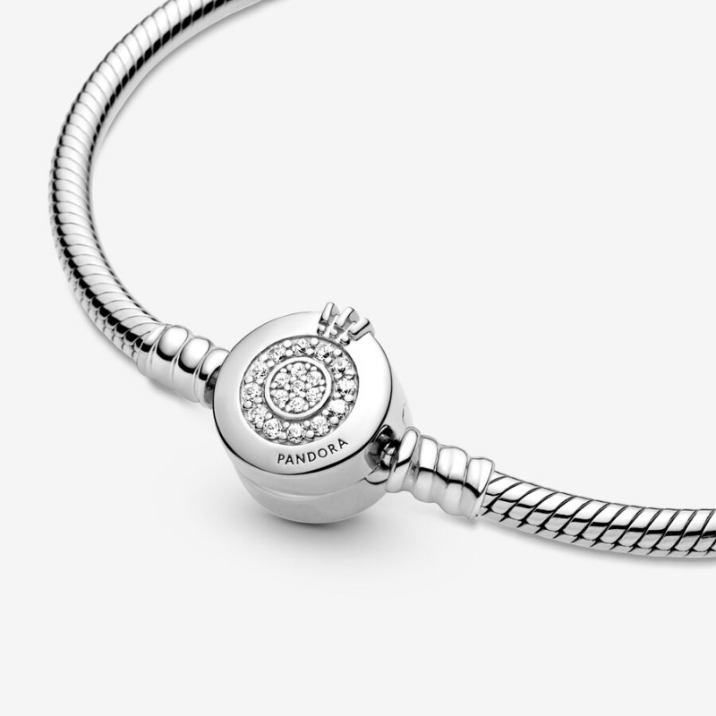 Sterling Silver Pandora Moments Sparkling Crown O Snake Charm Bracelets | BWFU79680