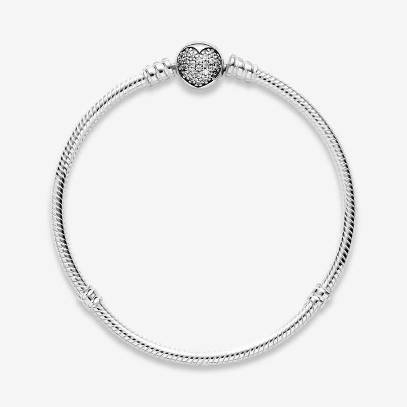 Sterling Silver Pandora Moments Sparkling Heart Clasp Snake Charm Bracelets | ZHRU32154