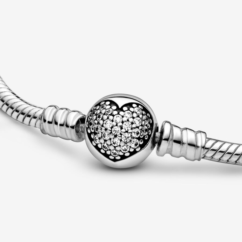 Sterling Silver Pandora Moments Sparkling Heart Clasp Snake Charm Bracelets | ZHRU32154