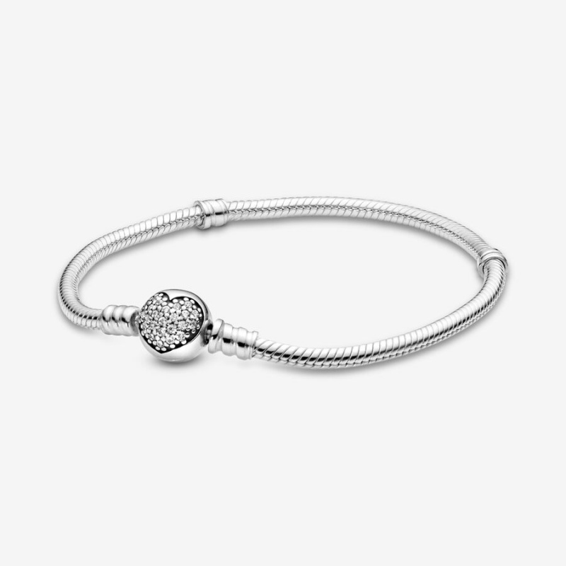 Sterling Silver Pandora Moments Sparkling Heart Clasp Snake Charm Bracelets | ZHRU32154