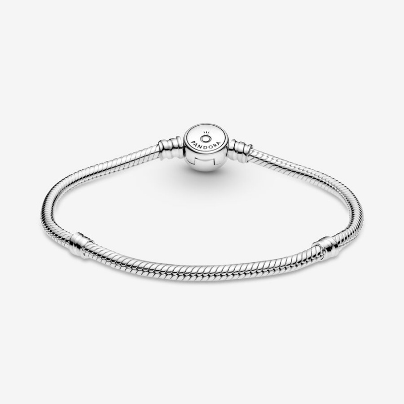 Sterling Silver Pandora Moments Sparkling Blue Disc Clasp Snake Chain Bracelets | VNZU09865