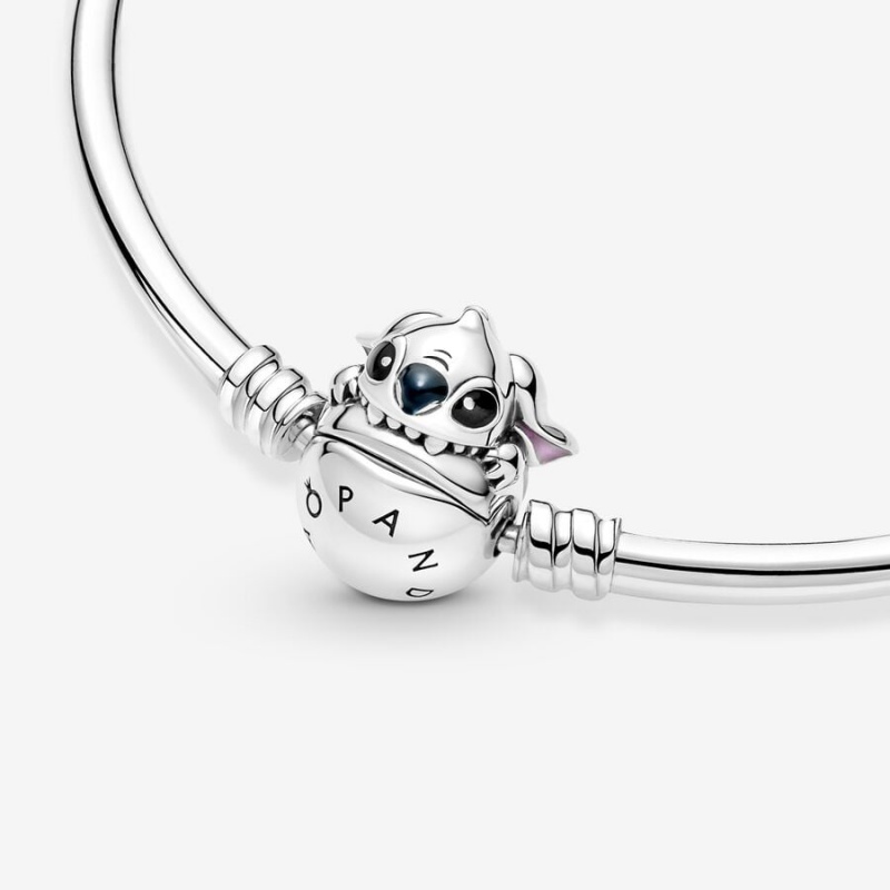 Sterling Silver Pandora Moments Stitch Biting Clasp Bangle Charm Bracelets | HKEZ47806