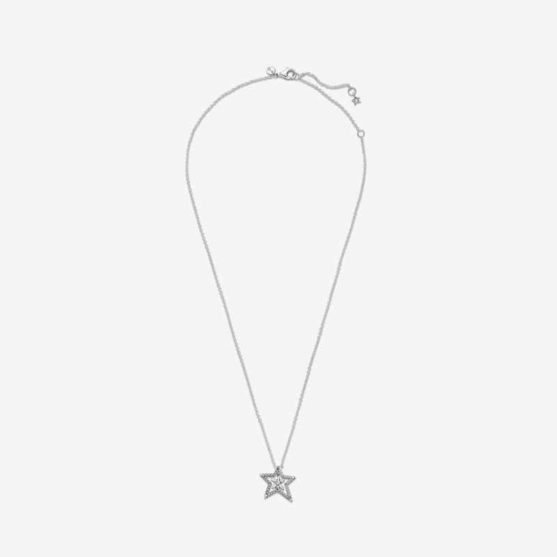 Sterling Silver Pandora Pavé Asymmetric Star Collier Pendant Necklaces | ZDCI59742