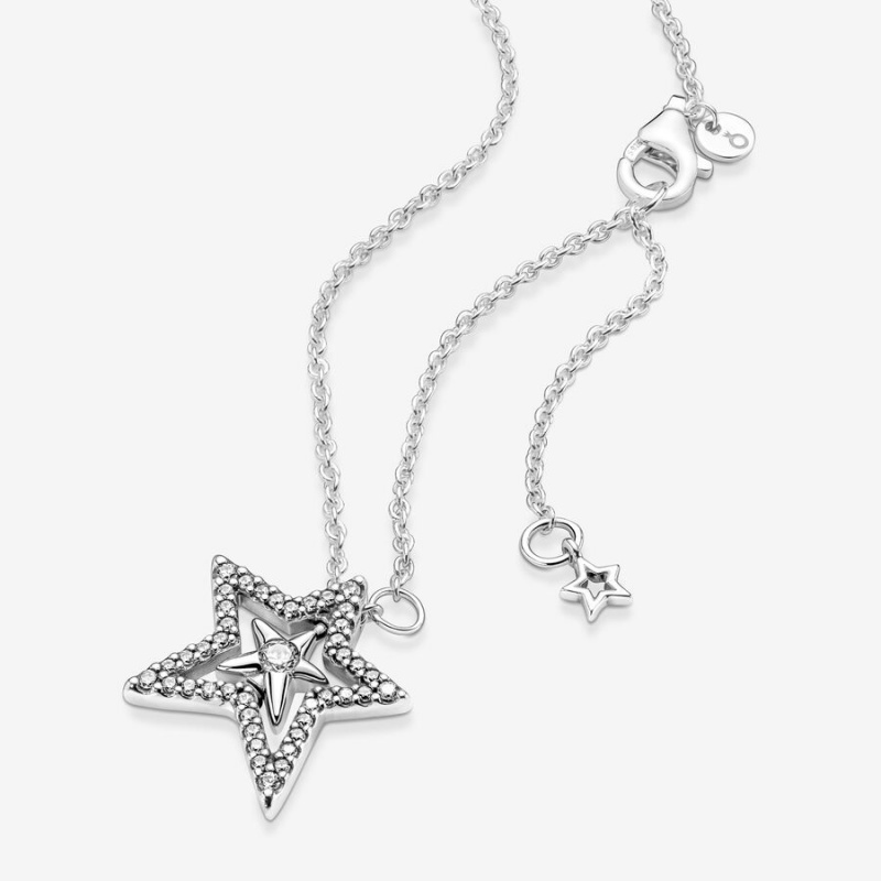 Sterling Silver Pandora Pavé Asymmetric Star Collier Pendant Necklaces | ZDCI59742