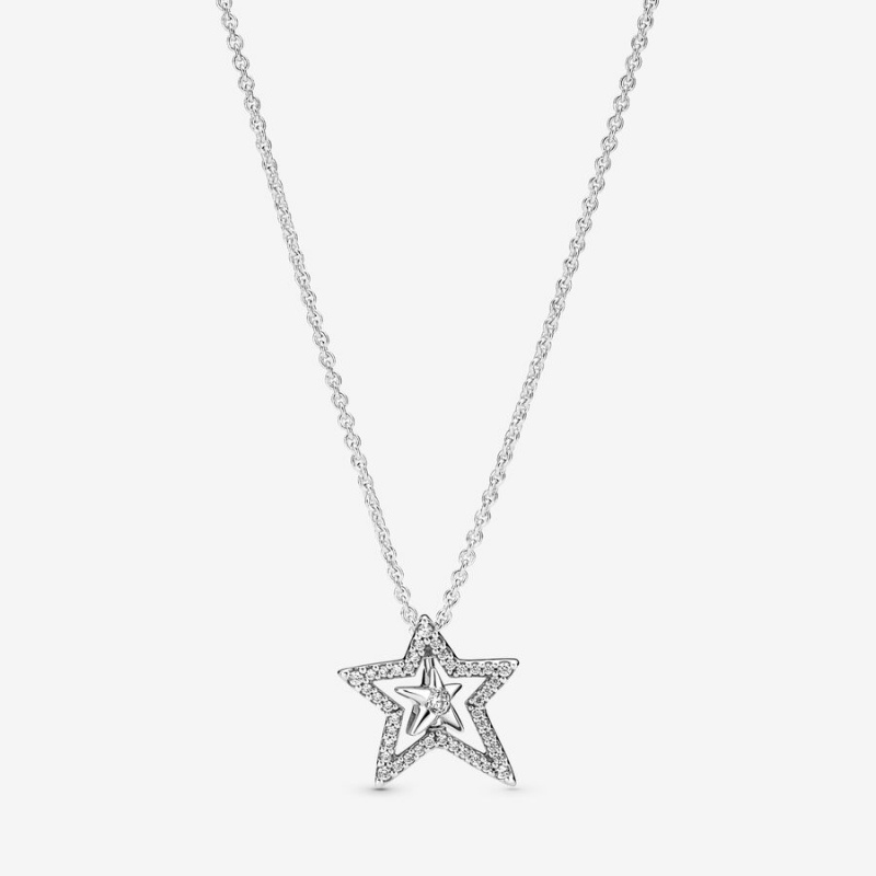 Sterling Silver Pandora Pavé Asymmetric Star Collier Pendant Necklaces | ZDCI59742