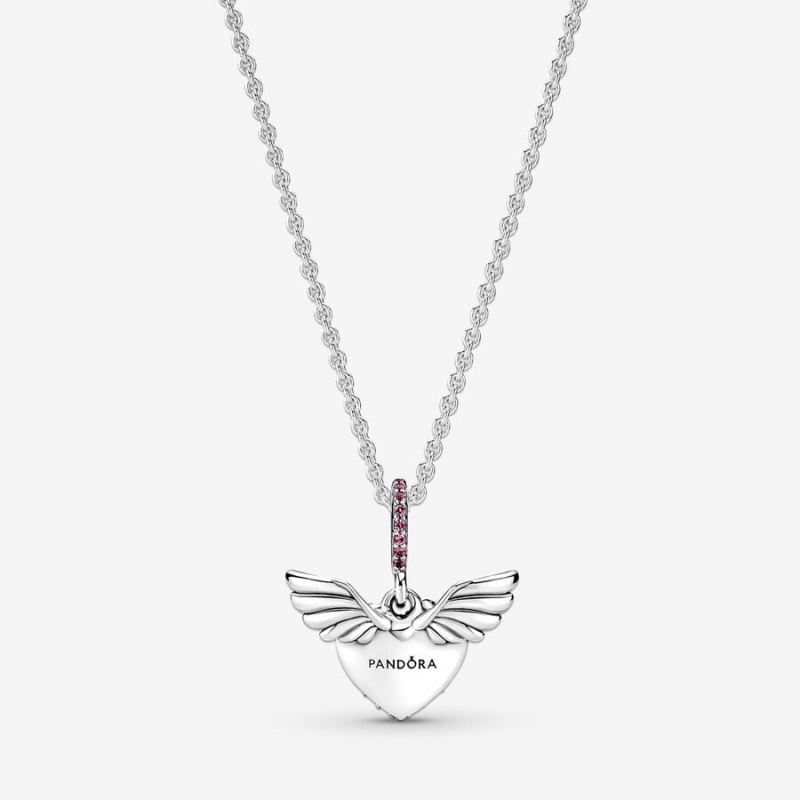 Sterling Silver Pandora Pavé Heart & Angel Wings Pendant Necklaces | KSYA74930