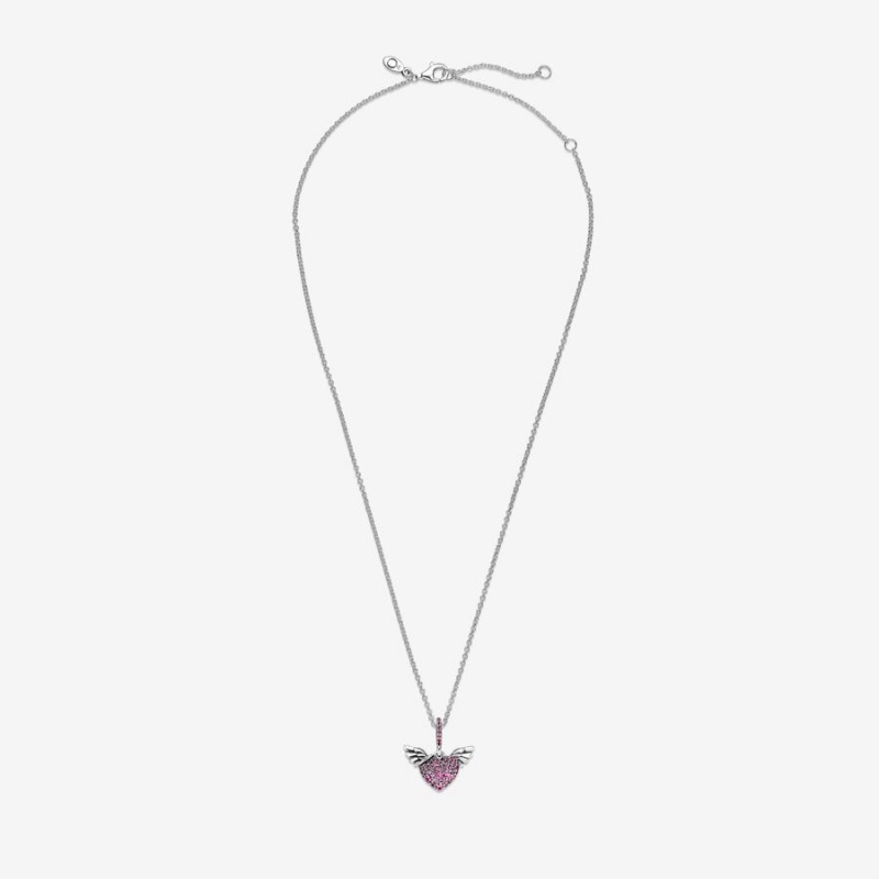 Sterling Silver Pandora Pavé Heart & Angel Wings Pendant Necklaces | KSYA74930