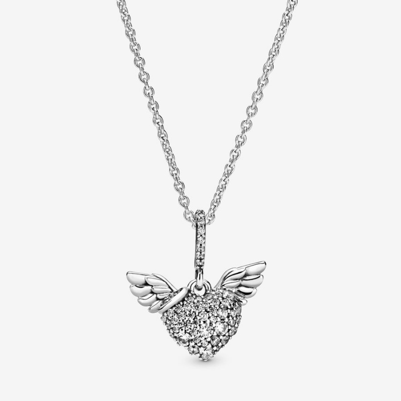 Sterling Silver Pandora Pavé Heart and Angel Wings Pendant Necklaces | DXHT32980